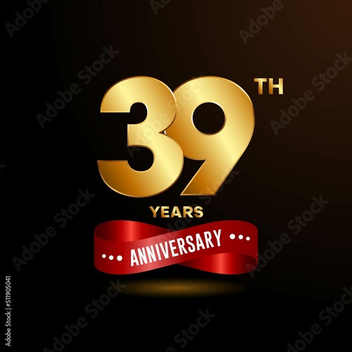 39 years anniversary logo with red ribbon for booklet, leaflet, magazine, brochure poster, banner, web, invitation or greeting card. Vector illustrations.