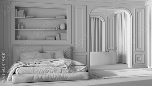 Total white project draft, neoclassic bedroom and bathroom. Modern bed and freestanding bathtub, arched walls with curtains. Molded walls and parquet. Classic interior design