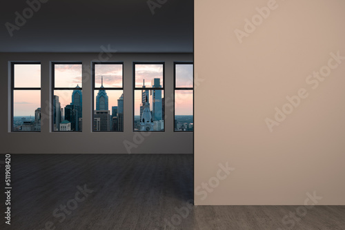 Downtown Philadelphia City Skyline Buildings from High Rise Window. Beautiful Expensive Real Estate overlooking. Empty room Interior. Mockup wall. Skyscrapers Cityscape. Sunset. Penn. 3d rendering.