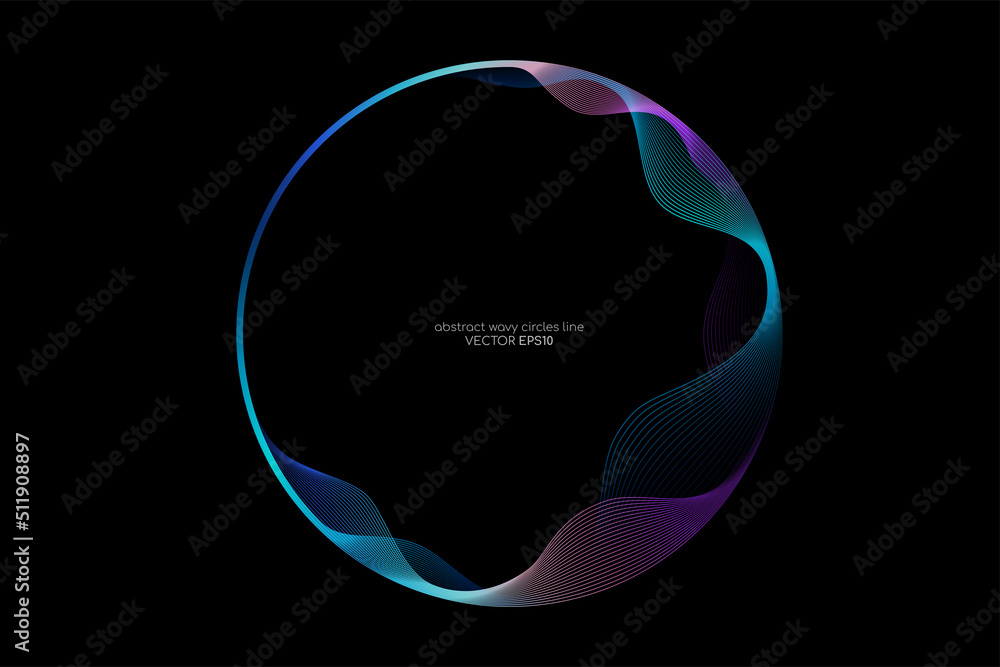 Vector abstract circles lines wavy in round frame colorful spectrum light isolated on black background with empty space for text in concept technology, digital, music, science.