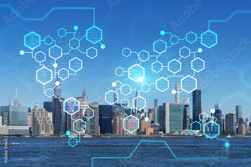 New York City skyline, United Nation headquarters over the East River, Manhattan, Midtown at day time, NYC, USA. Decentralized economy. Blockchain, cryptography and cryptocurrency concept, hologram