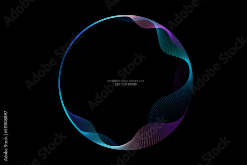 Vector abstract circles lines wavy in round frame colorful spectrum light isolated on black background with empty space for text in concept technology, digital, music, science.