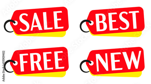 Red tag set with sale, best, free, new headline