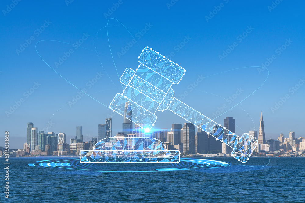 Panoramic city view of San Francisco skyline at sunrise from Treasure Island, California, United States. Glowing hologram legal icons. The concept of law, order, regulations and digital justice