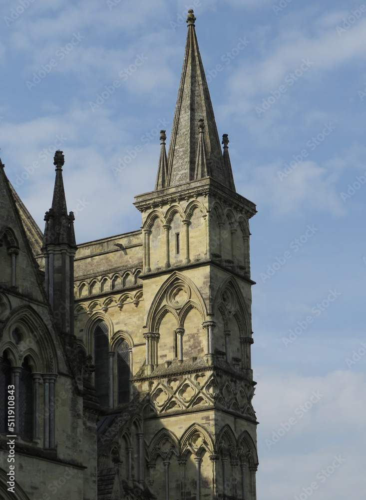 Gothic Cathedral of Salisbury. 13-14 century. Top detail decoration with pinnacles.
England. United Kingdom.