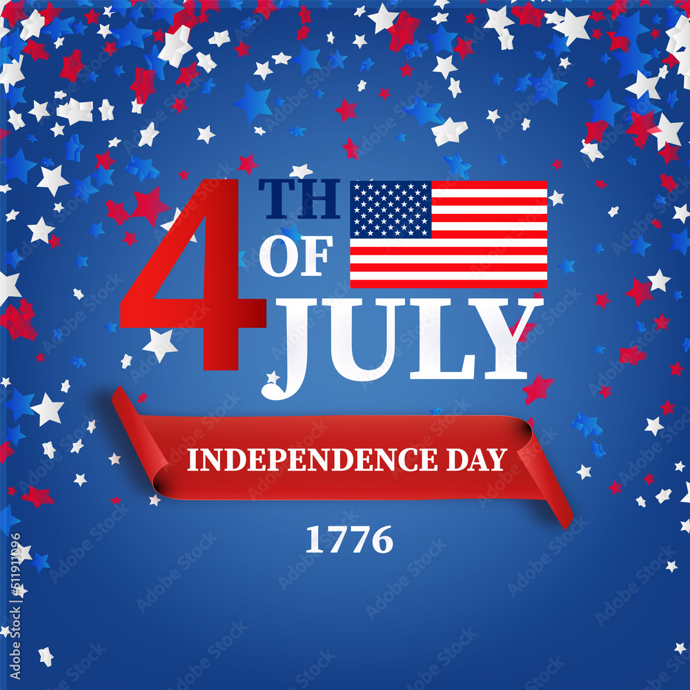 Fourth of July greeting card template. July 4 USA.USA celebration with confetti stars in national colors for American Independence Day isolated on background. Fourth of July greeting card template. July 4 USA.USA celebration with confetti stars in national colors for American Independence Day isolated on background.