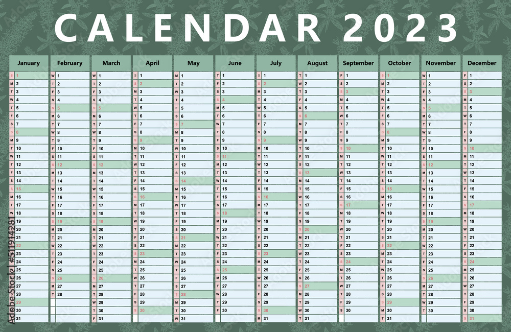 Calendar For 2023 Daily Event Planner With A Plant Background Painted Calendar for 2023 daily event planner with a plant background painted