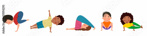A set of pretty girls and boys of different nationalities are engaged in yoga. Yoga for children. Vector illustration in a flat style