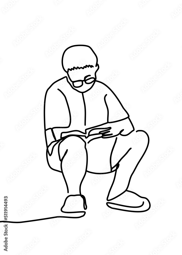 One continuous line drawing - people sitting and reading books and writing notes