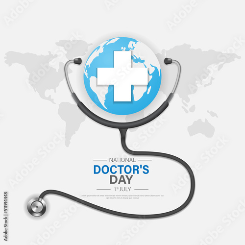 National doctor's day banner or poster template design with stethoscope and planet. vector illustration.