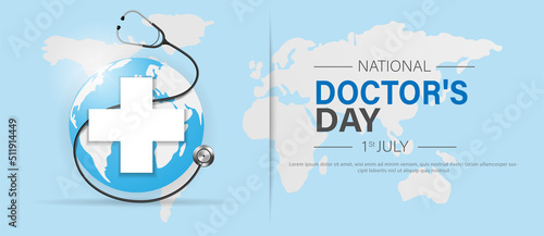 National doctor's day banner template design with stethoscope and planet. vector illustration.