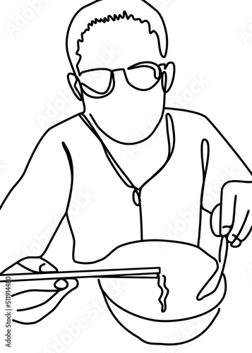 One continuous line drawing - People eating noodles