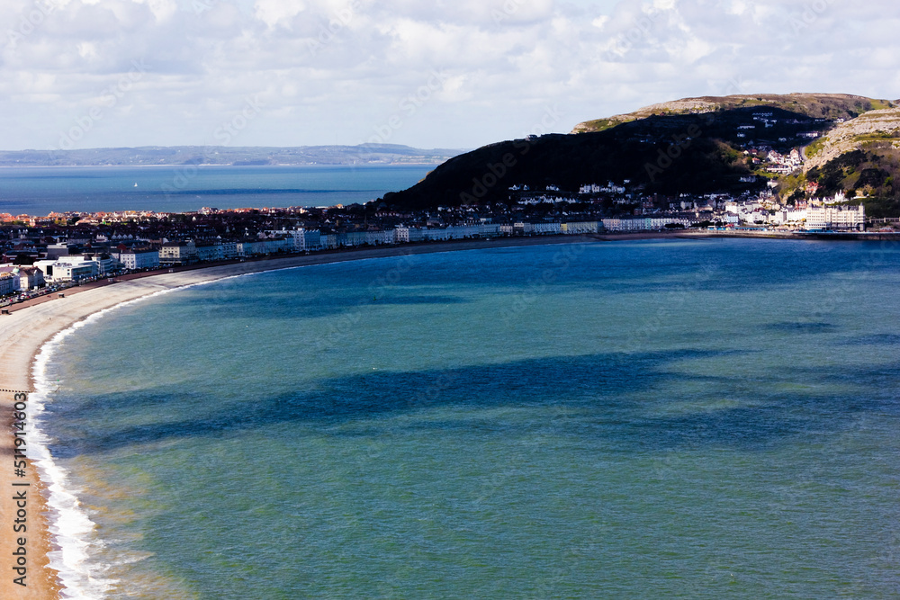 View of the coastal town of Llandudno including the promenade, North Shore, North Shore Beach and a section the Great Orme, North Wales
