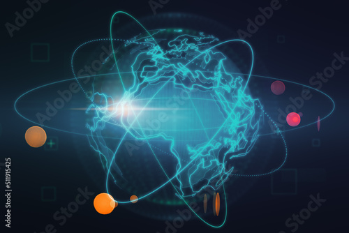 Hologram of globe. A holographic projection of planet earth. Flickering energy particles on blurry abstract dark background. Science, future and globalization concept. 3D Rendering.