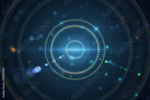 Abstract blurry dark lens or round interface wallpaper with grid and blurry bokeh circles. Space, sci fi and flare concept. 3D Rendering.