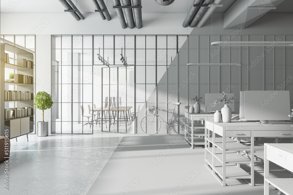 3D visualization of sunny modern open space office with concrete floor ...