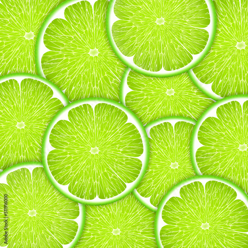 Background of fresh green lime slices. Seamless pattern for your design. Realistic 3d vector illustration. Close-up.