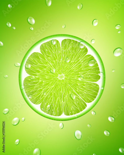 Background of fresh green lime slices and drops of water. Seamless pattern for your design. Realistic 3d vector illustration. Close-up.