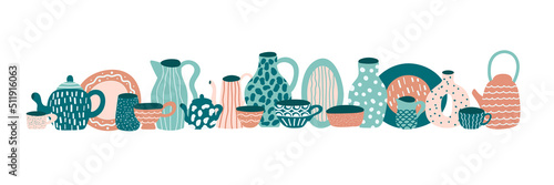 Ceramics, pottery kitchenware collection . Dishes, pot, cup, mug, spoon, plate, jug, bowl isolated on white. Hand drawn vector set. Flat design.