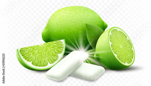 Lime chewing gum. Bubble gum with lime citrus flavor. Chewing pads with fresh ripe lime, oral health product, realistic advertising poster. Isolated 3d vector illustration