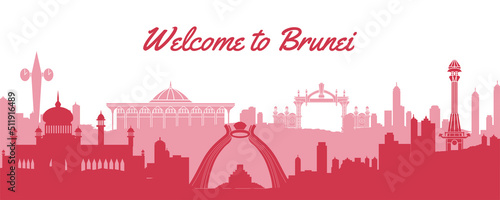 Photo Brunei famous landmark silhouette style with text inside,vector illustration