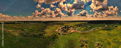 Panorama from the drone to the hermitage of orthodox monks.Orthodox building -SKITlocated in the valley of the Narew River surrounded by a moat. photo