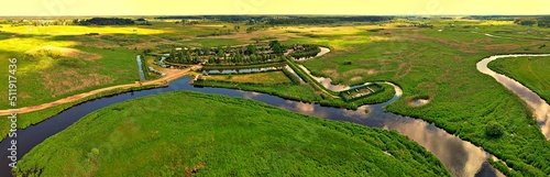 Panorama from the drone to the hermitage of orthodox monks.Orthodox building -SKITlocated in the valley of the Narew River surrounded by a moat. photo