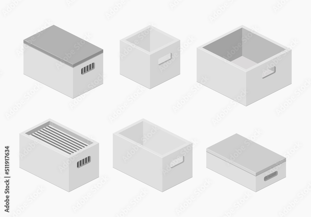 storage box white plastic isometric set vector flat illustration