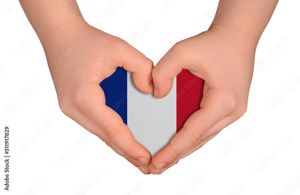 Fototapeta premium Kid's hands in heart- form. National peace concept on white background. France
