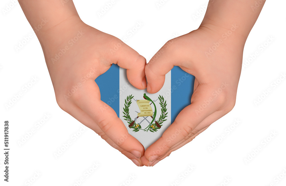 Kid's hands in heart- form. National peace concept on white background. Guatemala