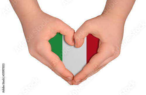 Kid s hands in heart- form. National peace concept on white background. Italy