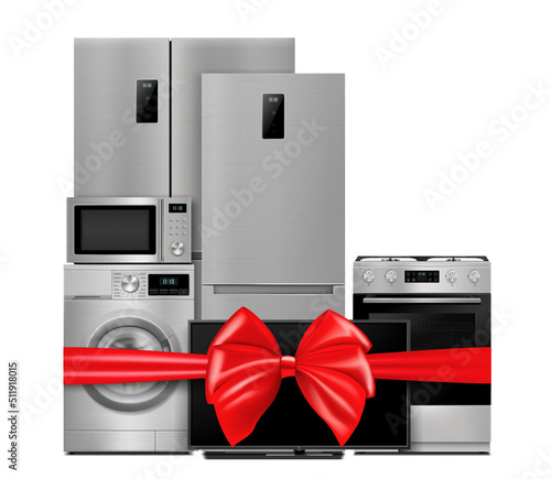 Group of household appliances with red gift ribbon and bow. Refrigerator, microwave, TV, washing machine, gas stove isolated on white background. 3d Rendering. Realistic vector illustration