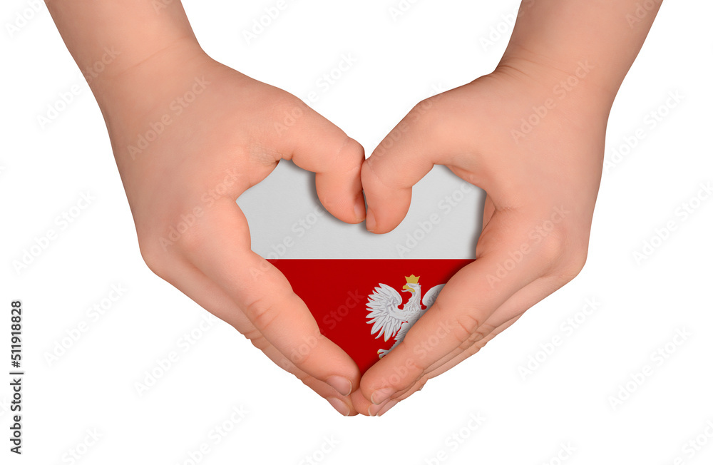 Obraz premium Kid's hands in heart- form. National peace concept on white background. Poland