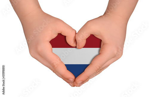 Kid's hands in heart- form. National peace concept on white background. Netherlands