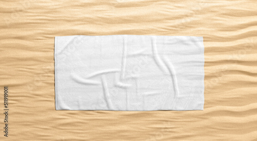 Tableau sur toile Blank white crumpled unfolded big towel mock up, sand background