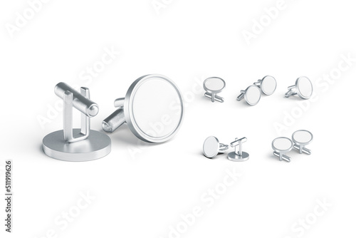 Blank round silver cufflinks toggle mockup pair, different views