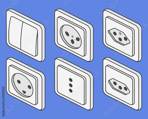 isometric power outlet switcher set vector flat illustration
