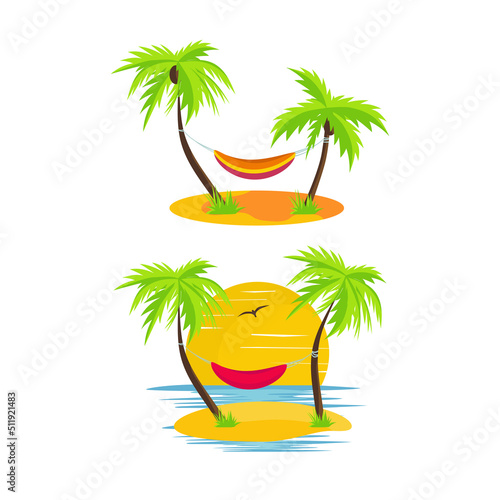 Seascape. Palm trees, hammock, sand, ocean. Vector set.