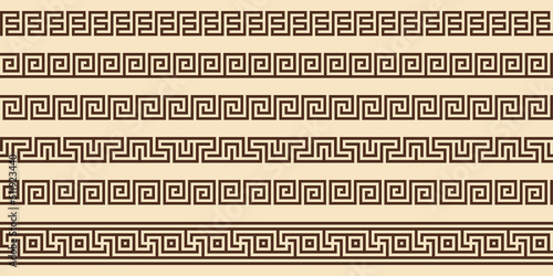 Greek key pattern, seamless borders collection. Decorative ancient meander, greece border ornament set with repeated geometric motif. Vector EPS10.