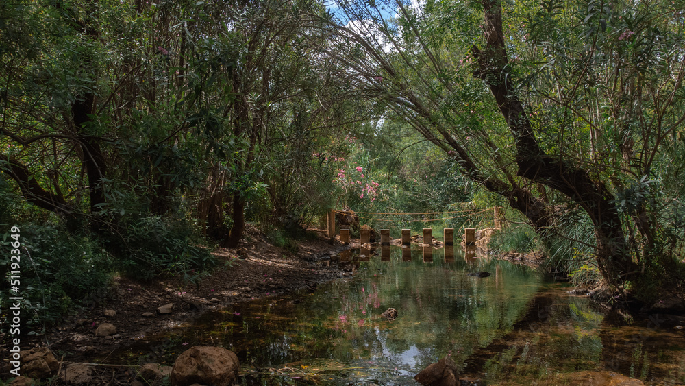 Beautiful landscape with a rope bridge and stepping stones hidden in the middle of a forest in Loulé