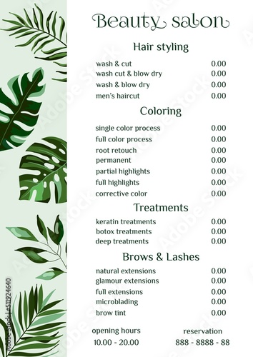 Vector Illustration sticker business card for beauty salon with pricelist and special offer opening hours and phone number for reservation decorated with botanical art texture. A4 printable template
