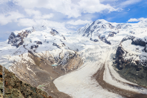 Magnificent panorama of the Pennine Alps with famous Gorner Glacier and impressive snow capped mountains Monte Rosa Massif close to Zermatt  Switzerland