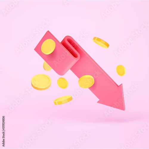 3d render chart arrow and flying coins. Red flexible falling down stock arrow icon. Financial crisis, downgrade, inflation concept. 3d render vector illustration