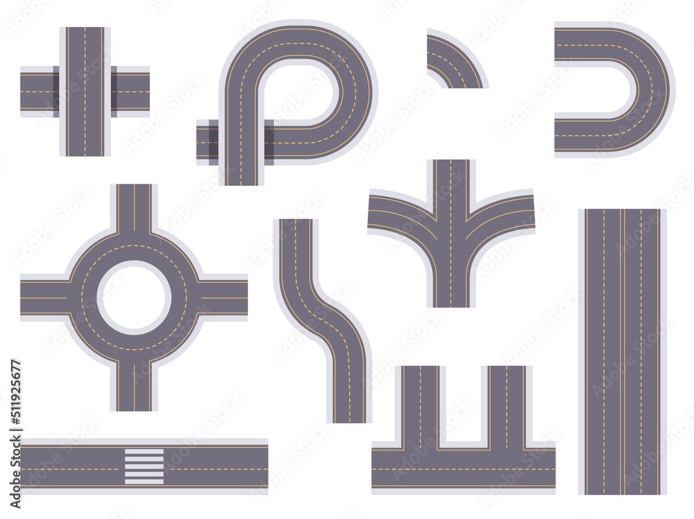 Fototapeta premium Road set above view isolated set collection. Vector cartoon design element illustration
