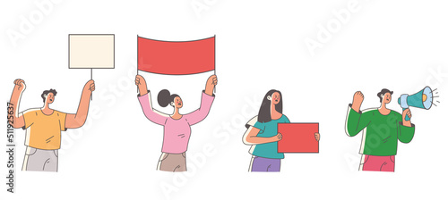 Crowd of people characters holding placard and screaming on demonstration rebel picket. Vector flat cartoon graphic illustration set