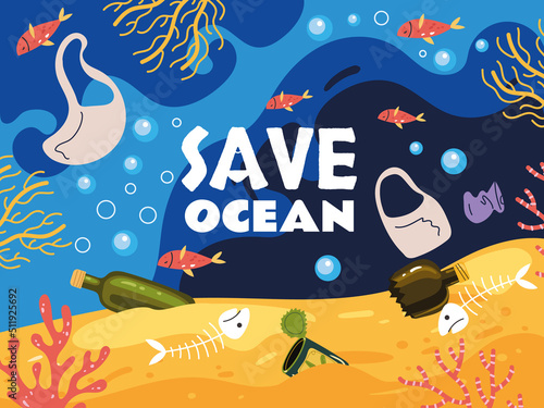 Polluted ocean sea bottom with garbage. Save ocean concept. Vector cartoon design element illustration