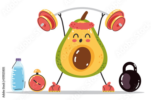 Sporty avocado character making exercise in gym composition. Vector flat graphic design element illustration