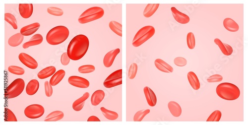 Flow healthy red blood cells and anemia. Erythrocytes in the circulation system. Medical realistic vector illustration