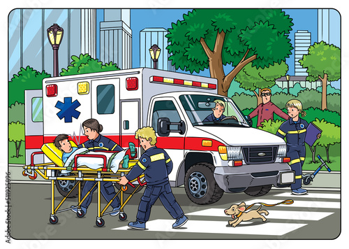 Paramedics take the patient to the ambulance
