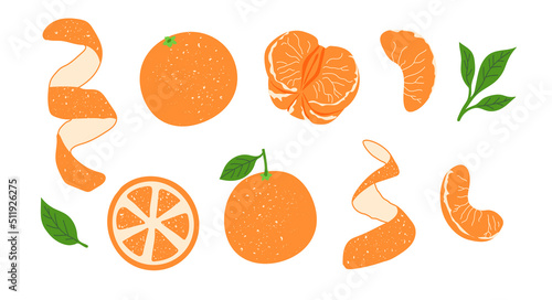 Vászonkép Peeled tangerine or mandarin icons set